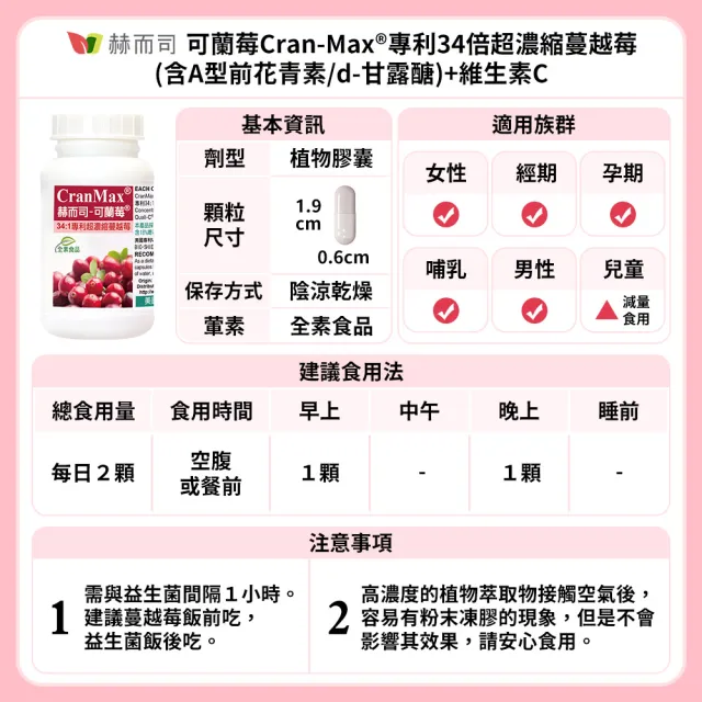 【赫而司】34倍高濃縮私密蔓越莓錠3罐(共180顆美國Cran-Max前花青素、d-甘露糖、維生素C可蘭莓全素食膠囊)