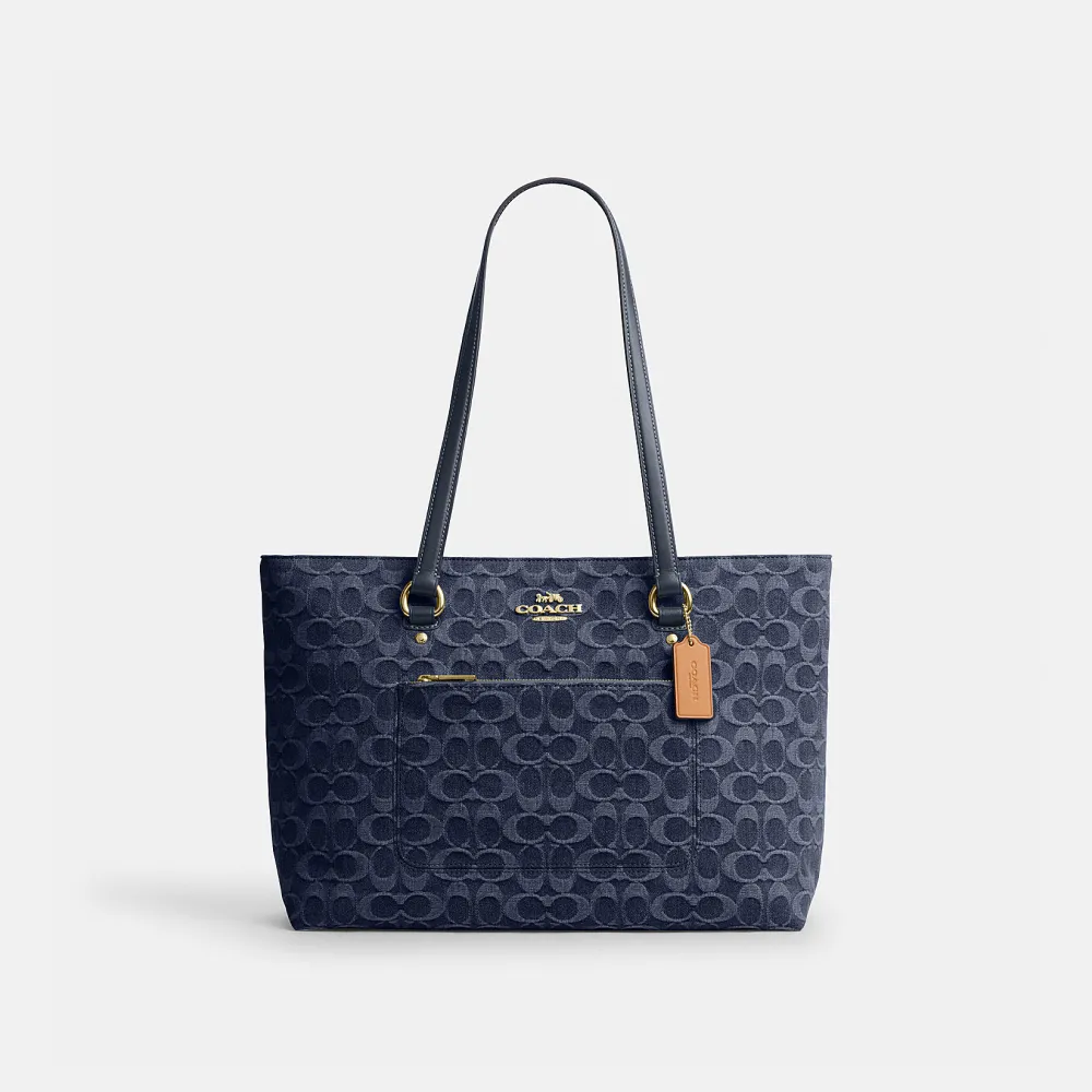 【COACH】蔻馳官方直營 STATION經典SIGNATURE丹寧布托特手袋 托特包-IM/藍色色(CDB88)