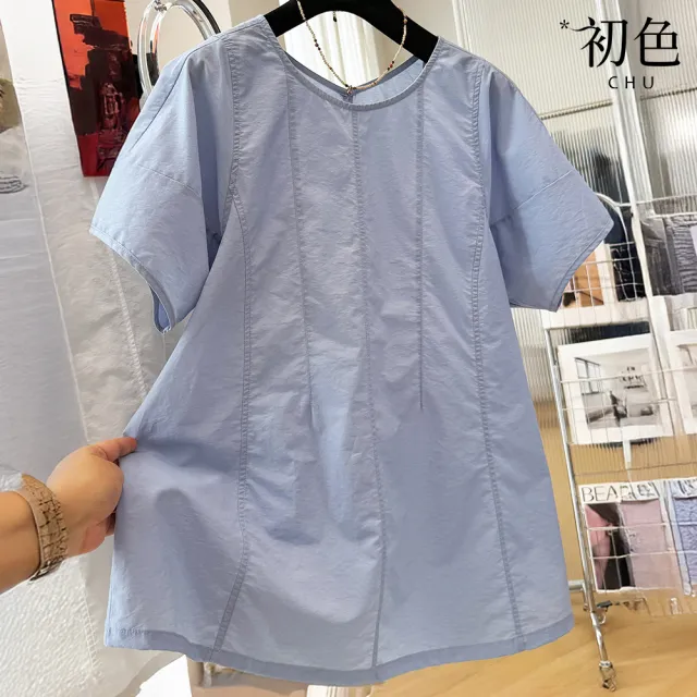 【初色】韓系純色拼接休閒百搭圓領短袖T恤上衣女上衣-共2色-52717(M-2XL可選)