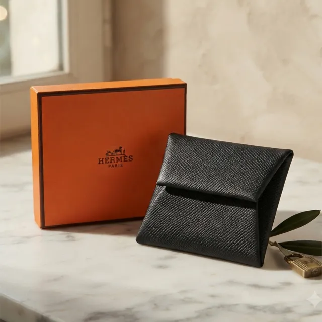 【Hermes 愛馬仕】Hermes 小牛皮摺紙藝術方形壓釦零錢包(黑)