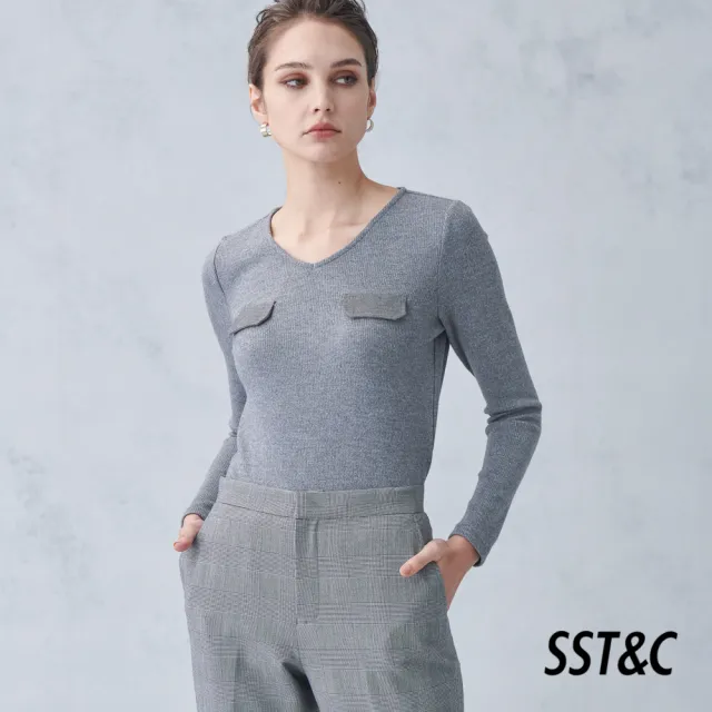 【SST&C】女裝 灰V領彈性口袋裝飾針織上衣8762211004(限時3折)