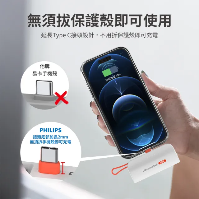 【Philips 飛利浦】獨家DLP2550C 4900mAh 10W TypeC直插自帶線口袋行動電源(17.88Wh_具Wh標示)