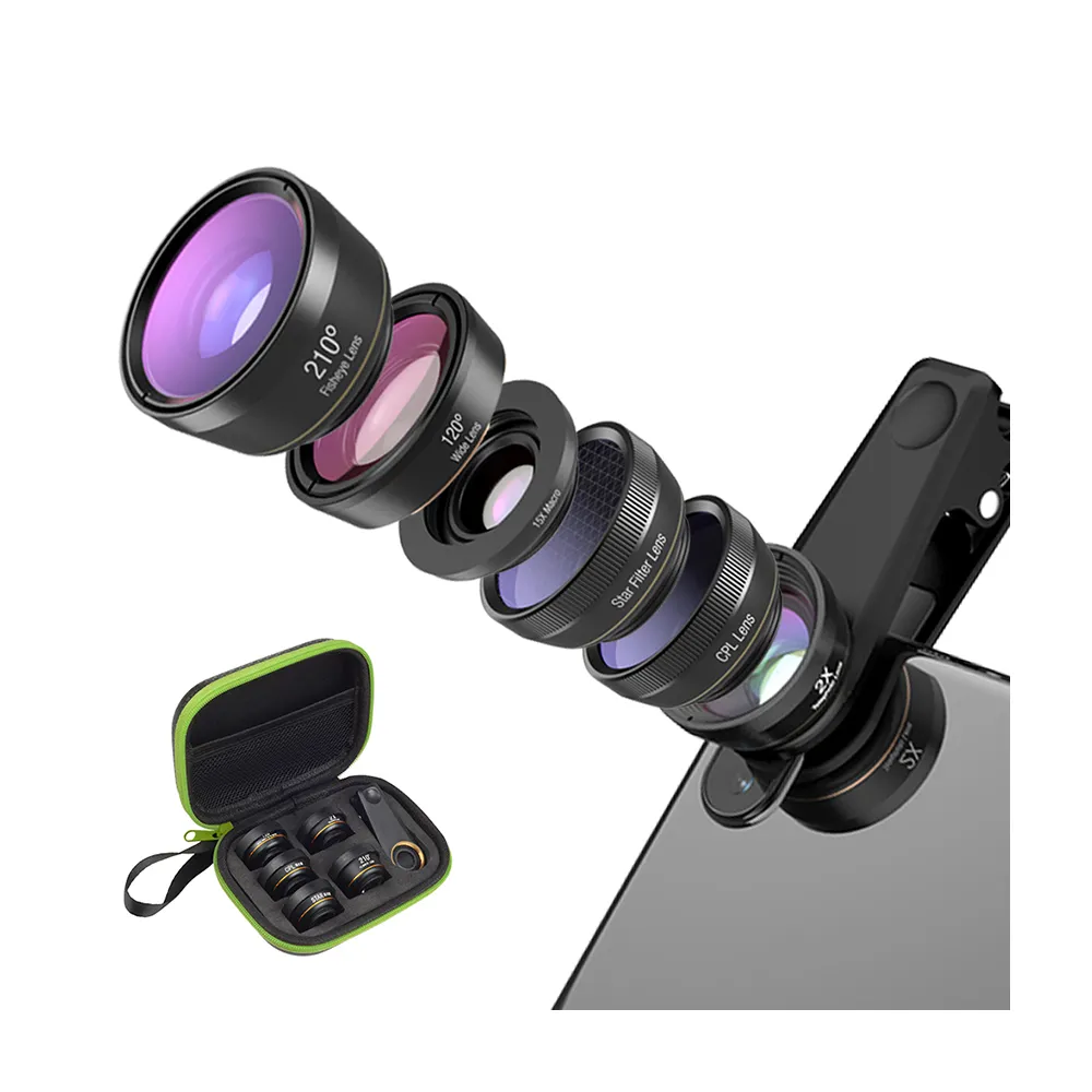 【APEXEL】六合一 多用途專業手機鏡頭組 廣角 微距 ND32 星光鏡頭 偏光(手機鏡頭 多場景可用 六顆鏡頭)