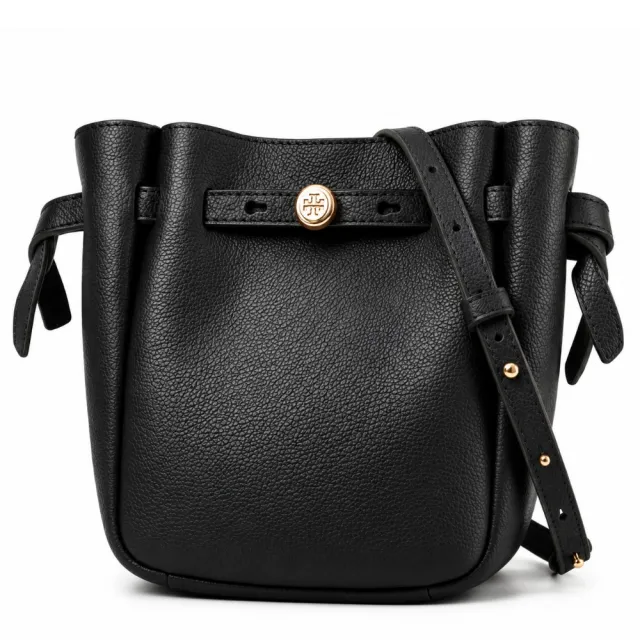 【TORY BURCH】Romy鈕扣金屬標誌荔紋牛皮小號水桶包/束口斜背包(多款任選)