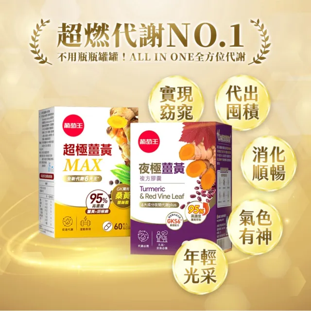 【葡萄王】夜極薑黃複方膠囊30粒x3盒 共90粒(95%薑黃 益生菌 綠茶兒茶素 米萃取物 紅豆萃取物)
