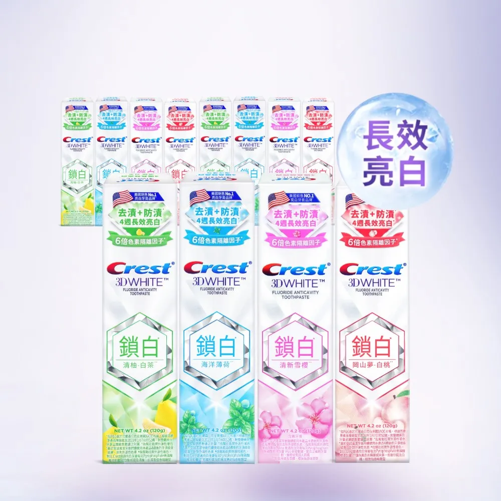 【Crest】好評囤貨組-香氛鎖白 美白牙膏120g 12入．牙齒美白(岡山夢白桃/清柚•白茶/海洋薄荷/清新雪櫻)