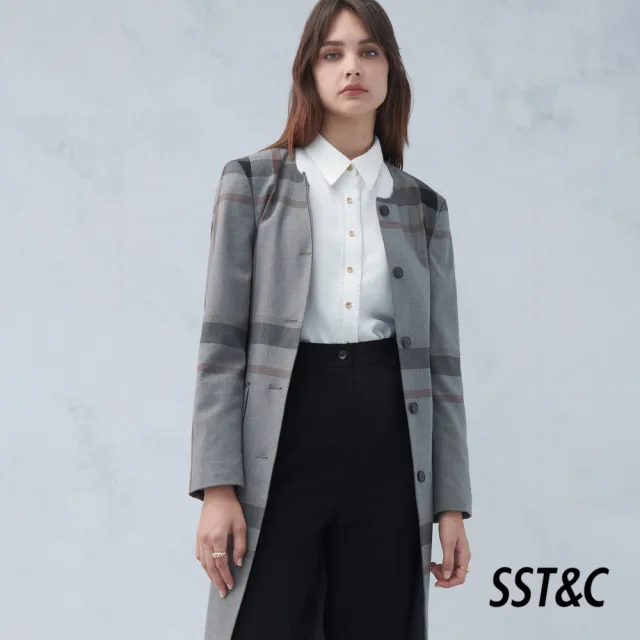 【SST&C】女裝 灰色格紋圓領羊毛混紡大衣8162210007(雙11精選)