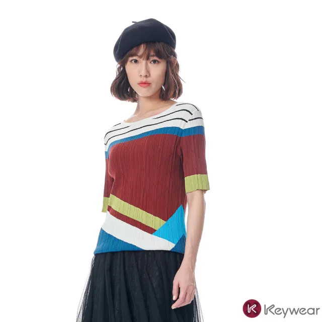 【KeyWear 奇威名品】時尚舒適撞色條紋五分袖針織上衣