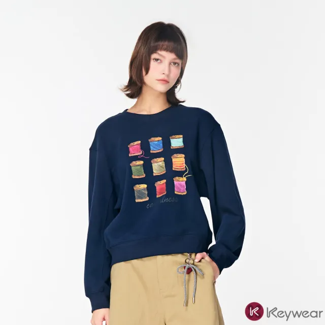 【KeyWear 奇威名品】線軸印花圓領長袖上衣(共2色)