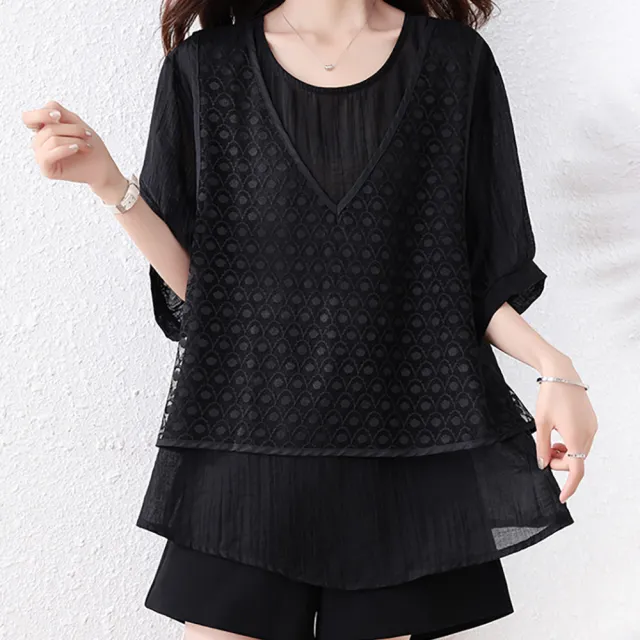 【麗質達人】2385黑色假二件上衣-LY(L-5XL)
