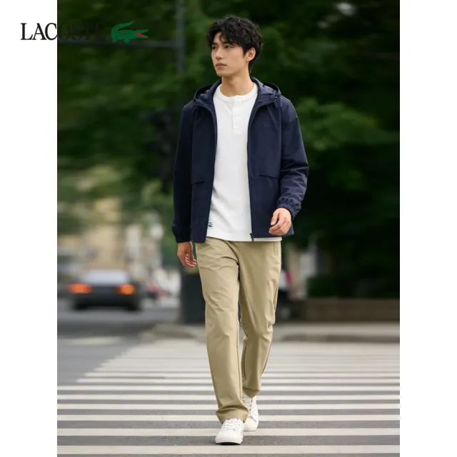 【LACOSTE】男款-華夫格亨利領長袖T恤(白色)