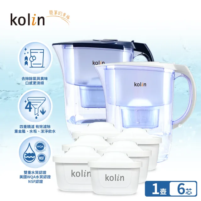 【Kolin 歌林】四重精濾濾水壺 3.8L + 濾芯6入(共7芯/最高1年半使用/適用Brita)