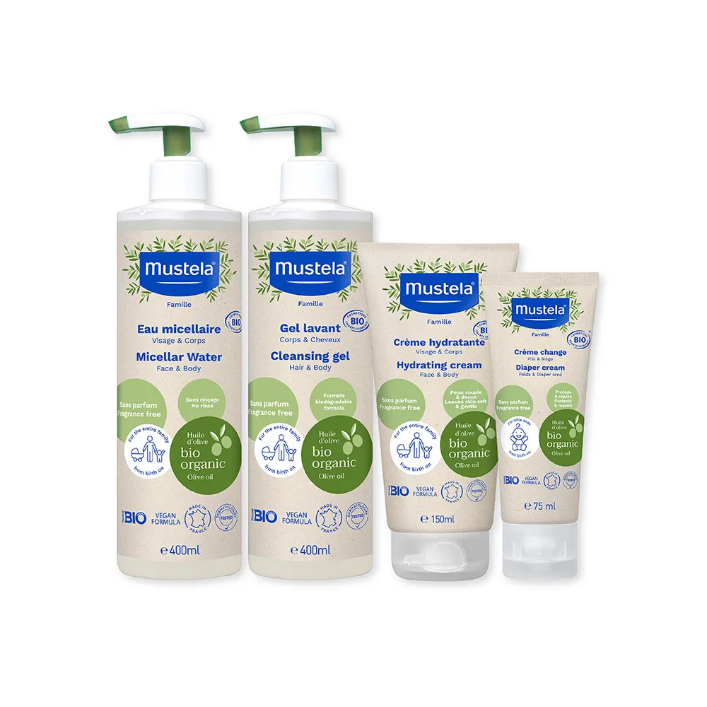 【Mustela 慕之恬廊】有機好橄全護組(雙潔露400ml+潤膚乳150ml+護膚膏75ml+潔膚水400ml 無香)