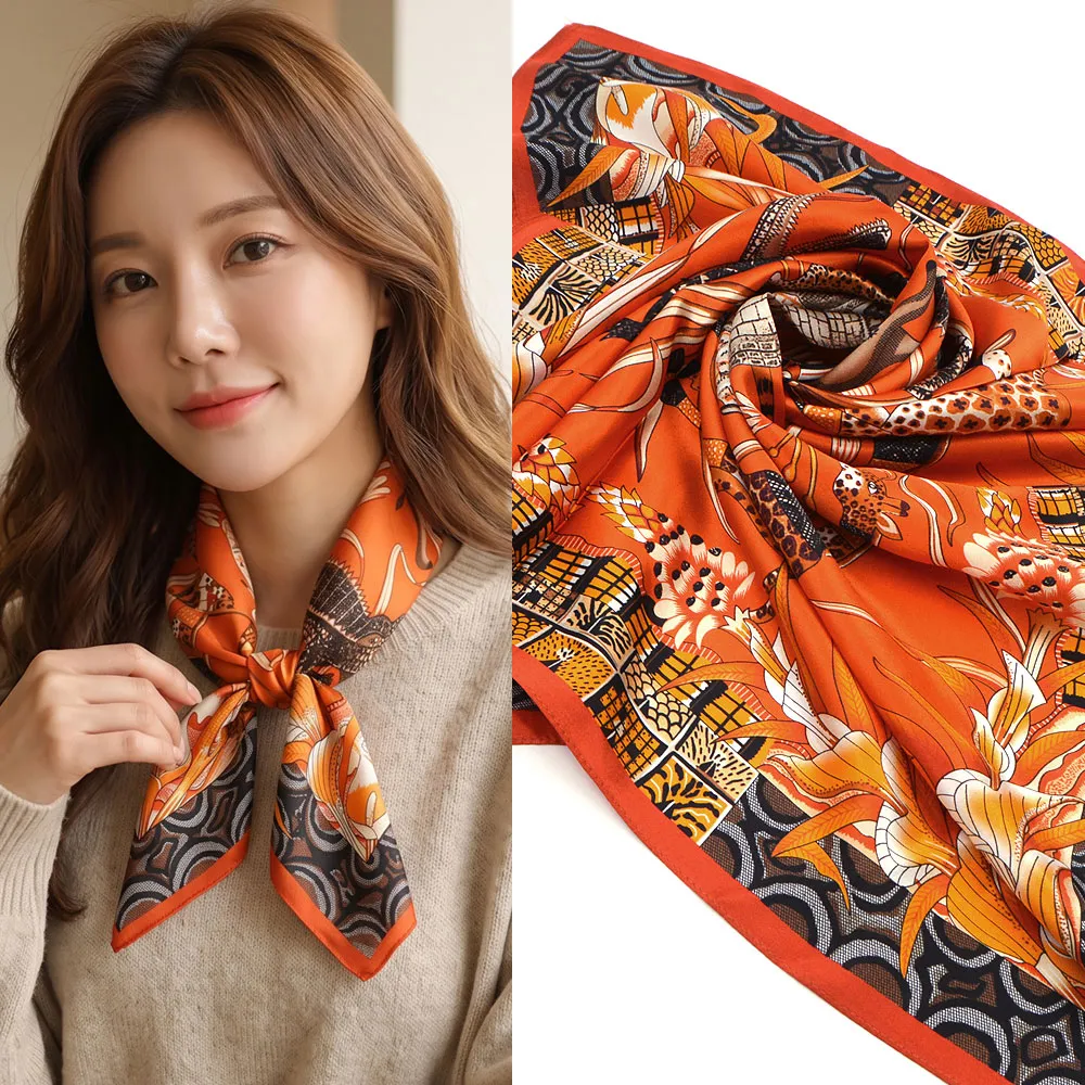 【AnnaSofia】100%桑蠶絲真絲絲巾領巾圍巾-方型 亮緞面(熱帶神祕叢林-橘紅系)