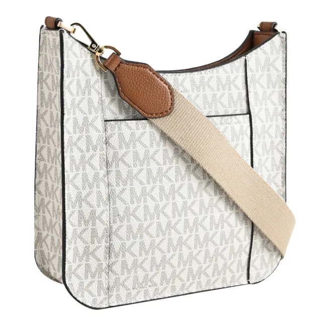 【Michael Kors】圓標LOGO滿版MK活動寬背帶個性斜背包(白咖 小)