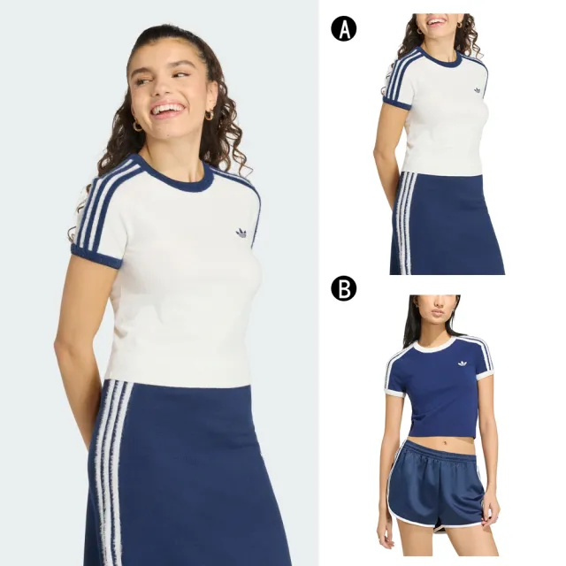 【adidas 愛迪達】短版 短袖上衣 圓領短袖T恤 KNIT TEE 女 A-KS9952 B-KW2606