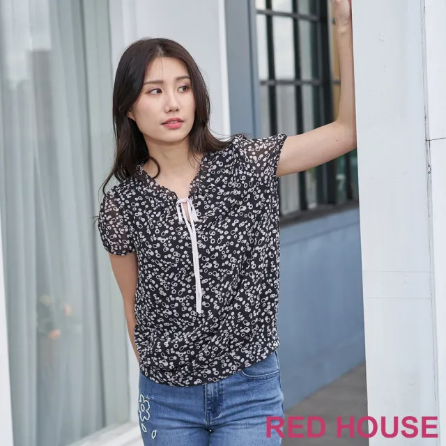 【RED HOUSE 蕾赫斯】甜美圓點印花荷葉領上衣(黑色)