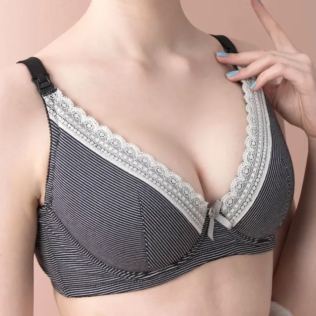 【Gennies 奇妮】哺乳內衣 咖啡紗軟鋼圈內衣 深V(條紋黑)