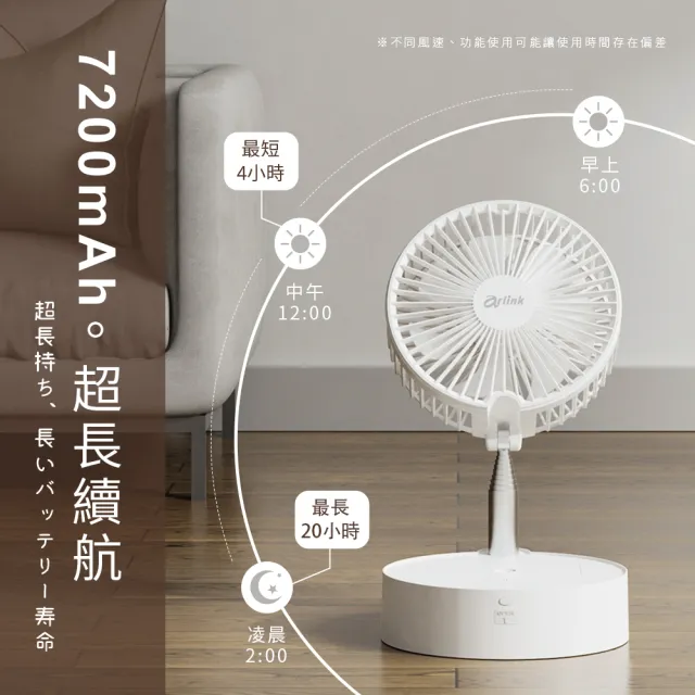 【Arlink】AF55白色 7吋水冷加濕 伸縮折疊無線風扇 (桌面落地兩用/7200mAh/附遙控/小夜燈/停電露營必備)