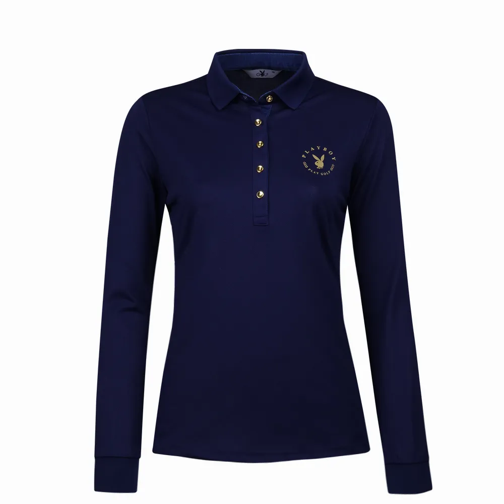 【PLAYBOY GOLF】女款經典兔LOGO吸濕排汗抗UV長袖POLO衫-深藍(高爾夫球衫/KA23202-58)