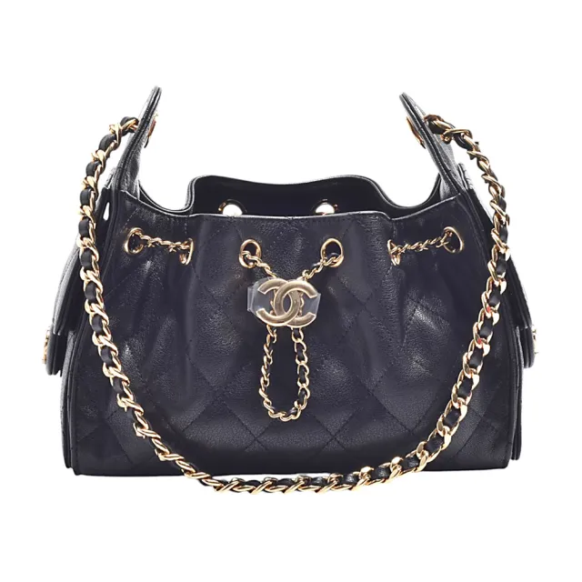 【CHANEL 香奈兒】經典CHANEL 25 Mini系列雙C LOGO菱格紋牛皮肩背包(黑色)