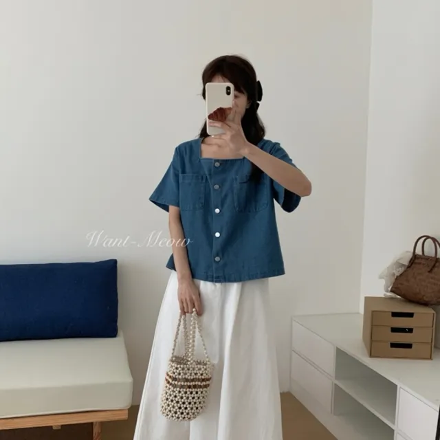 【Want-Meow】95公斤可穿/簡約方領顯瘦銅釦牛仔上衣大學T襯衫短袖T(大碼上衣/大碼/大尺碼/短袖上衣)