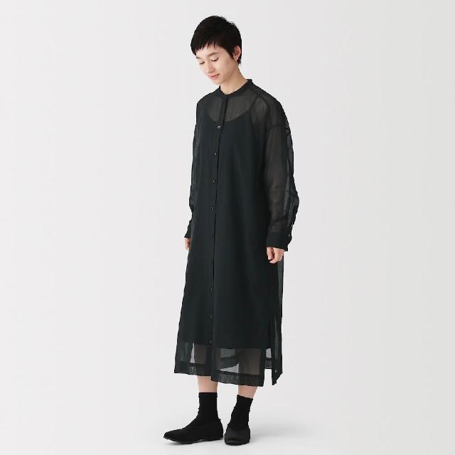【MUJI 無印良品】女強撚透膚長袖襯衫式洋裝(灰白/黑色/灰格紋)