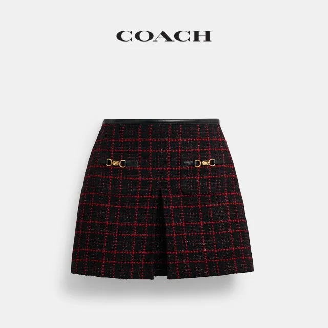 【COACH】蔻馳官方直營 立體C字飾件粗花呢半身裙 短裙-紅色/黑色(CDK65)