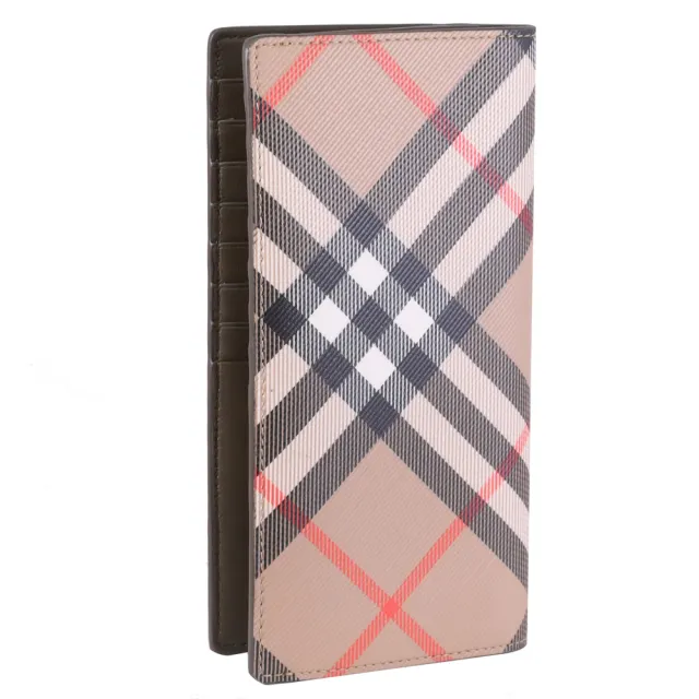 【BURBERRY 巴寶莉】英式經典格紋塗層對折多卡零錢長夾(卡其)