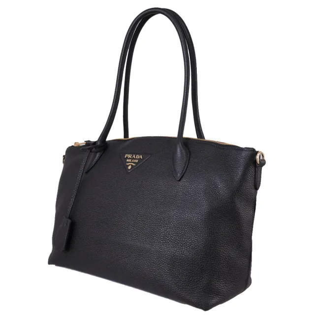 【PRADA 普拉達】經典三角LOGO附吊飾荔枝牛皮肩背包托特包(黑)