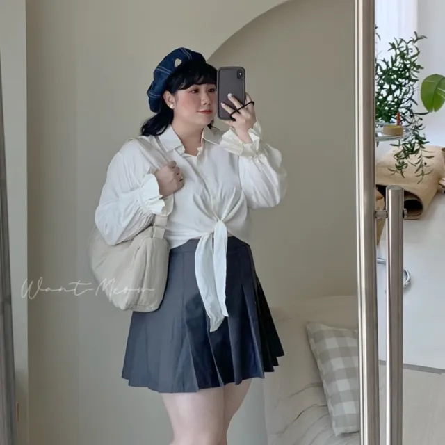 【Want-Meow】90公斤可穿/韓系細節控綁帶設計喇叭袖上衣大學T襯衫(大碼上衣/大碼/大尺碼/長袖襯衫)