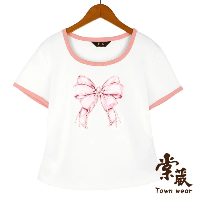 【TOWN’WEAR 棠葳】柔雅珍珠蝴蝶結印圖上衣(女上衣/女上著/短袖/拼接/休閒/t恤)