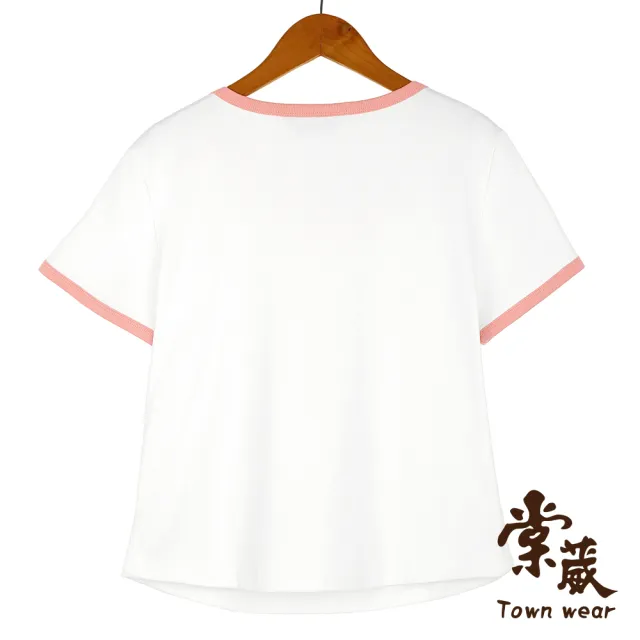 【TOWN’WEAR 棠葳】柔雅珍珠蝴蝶結印圖上衣(女上衣/女上著/短袖/拼接/休閒/t恤)