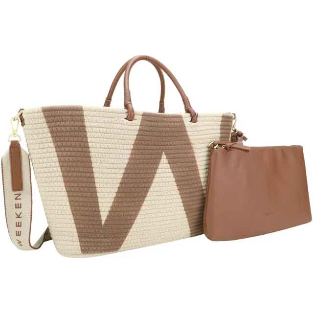 【MaxMara】父親節送禮精選 Weekend Raid W字帆布編織肩背托特包(附萬用包/棕色)(手提包)