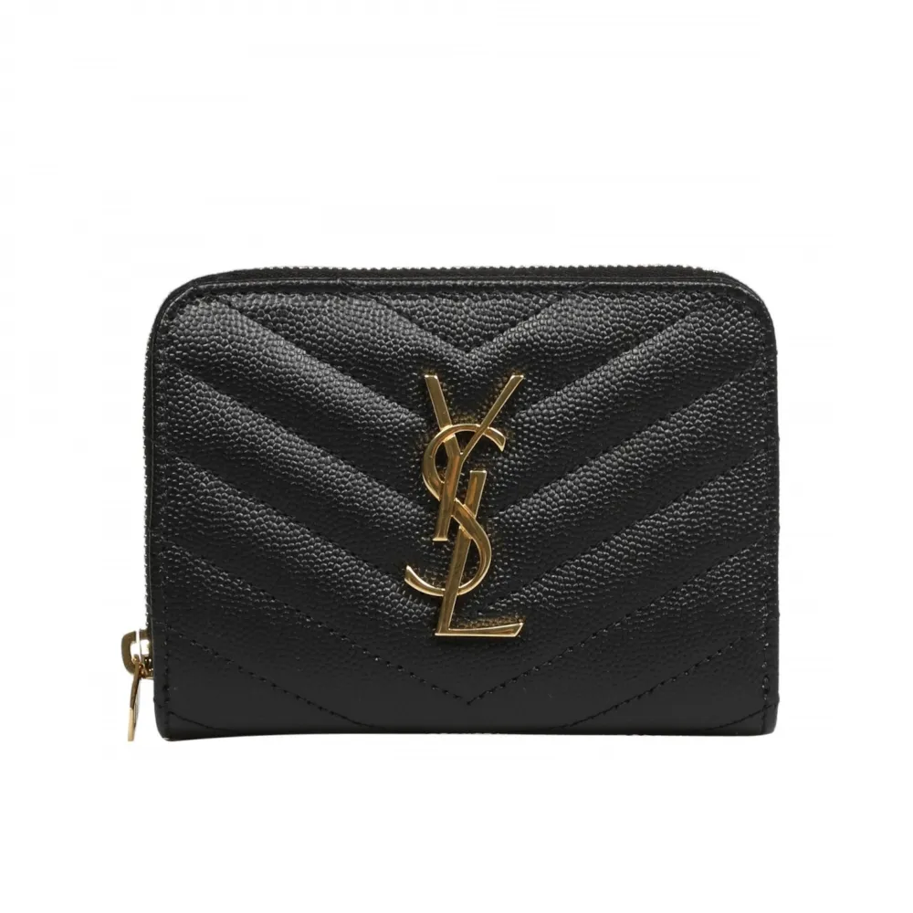 【YSL】SAINT LAURENT Cassandre 荔枝牛皮 拉鍊 釦式 短夾 卡夾 零錢包 金字 皮夾 黑色 668288