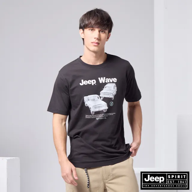 【JEEP】男裝 復古風吉普車印花短袖T恤(黑色)