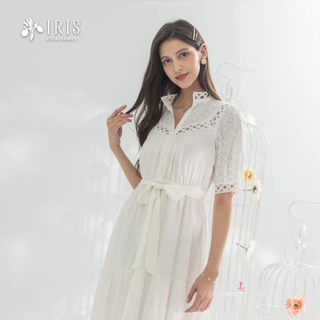 【IRIS 艾莉詩】波西米亞風蕾絲拼接洋裝-淺米白(52621)