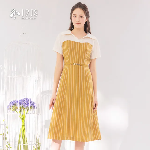 【IRIS 艾莉詩】都會優雅條紋拼接洋裝-2色(52651)