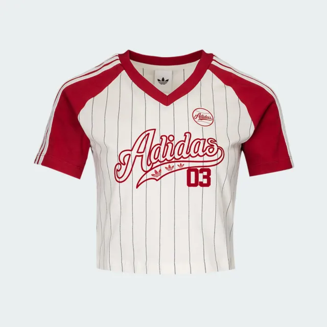 【adidas 愛迪達】Baseball Baby T 女 T恤 運動上衣 休閒短袖 白紅 亞版 短版(LF6084)