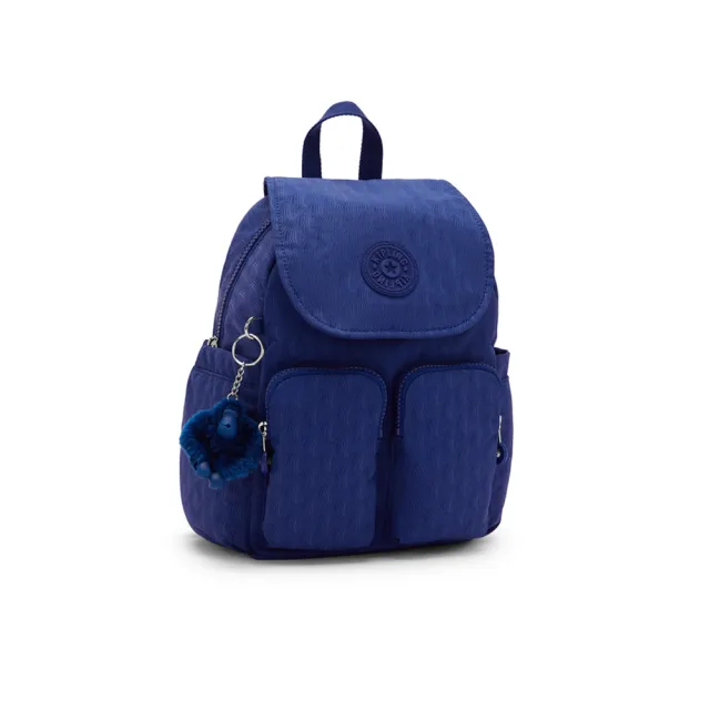 【KIPLING】『猴子包』深藍紋理掀蓋多袋收納後背包-CITY POCKET MINI 女包