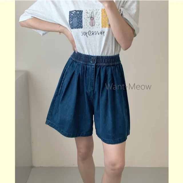 【Want-Meow】70公斤可穿/鬆緊腰雙釦設計打褶顯瘦A字牛仔闊腿短褲(大碼/大尺碼/加大碼/短褲)