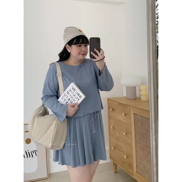 【Want-Meow】90公斤可穿/２件組兩件套裝長袖顯瘦螺紋捲邊上衣+褲裙套裝(大碼上衣/大碼/大尺碼/套裝)