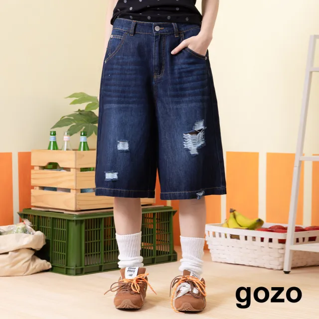 【gozo】咖啡紗抑菌抓破感牛仔五分褲(藍色/深藍)