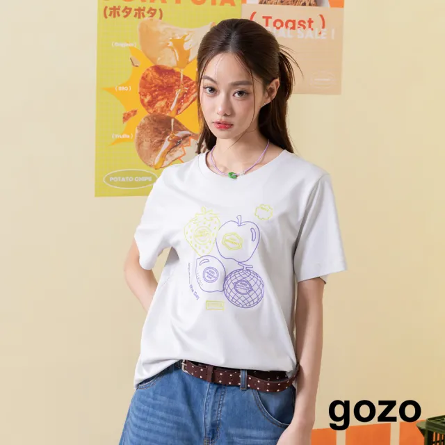 【gozo】水果線條繡花涼感合肩T恤 (淺灰/灰色)