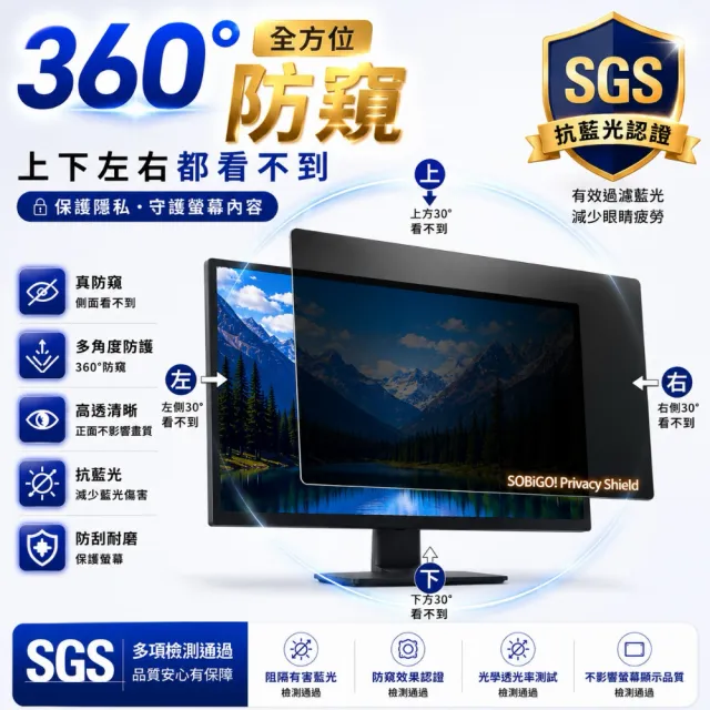 【SOBiGO】27吋-30吋 360度抗藍光防窺片(四向防窺 有4種尺寸) 台灣SGS