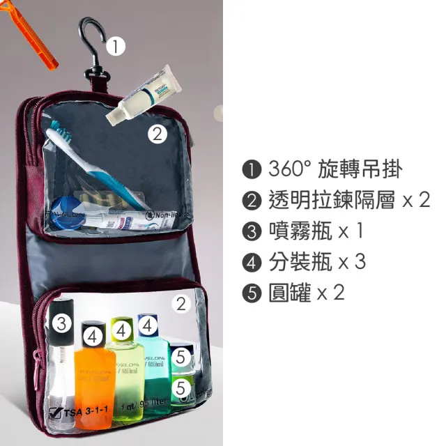 【Travelon】美國 掛式盥洗包+分裝瓶罐6件 酒紅 / 化妝包 收納包 旅行小包 沐浴小包 盥洗收納包