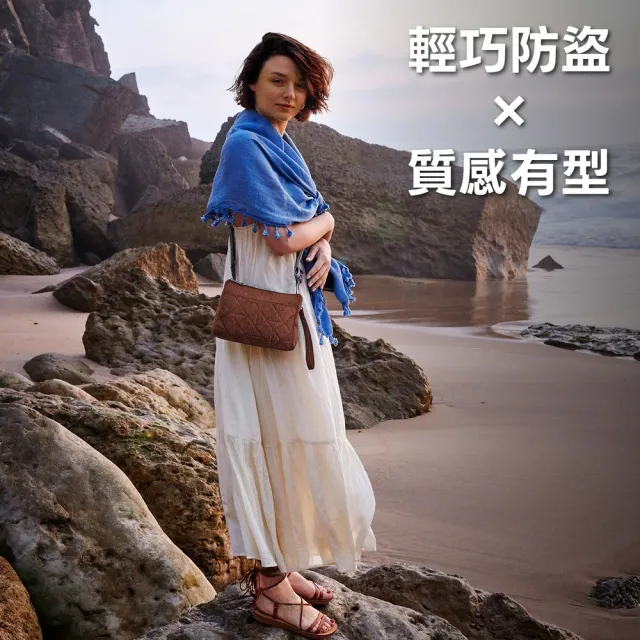 【Travelon】美國 Boho防盜斜背手拿包 格紋紅 / RFID小包 側背包 斜背包 防割防搶