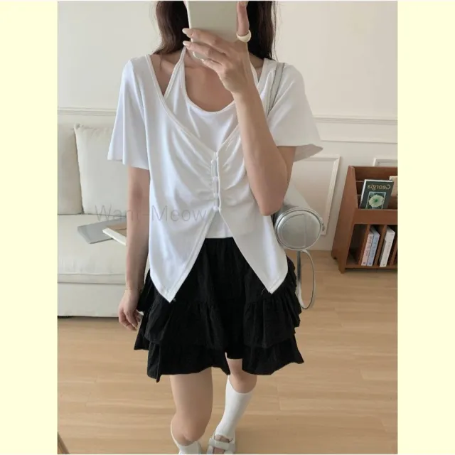 【Want-Meow】85公斤可穿/顯瘦假兩件繞頸抓皺綁帶彈力面料短版大學T短袖T(大碼上衣/大碼/大尺碼/短袖上衣)