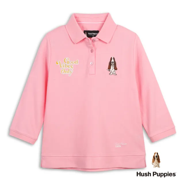 【Hush Puppies】女裝 POLO衫 造型文字刺繡狗七分袖POLO衫 (粉紅 / 64201103)