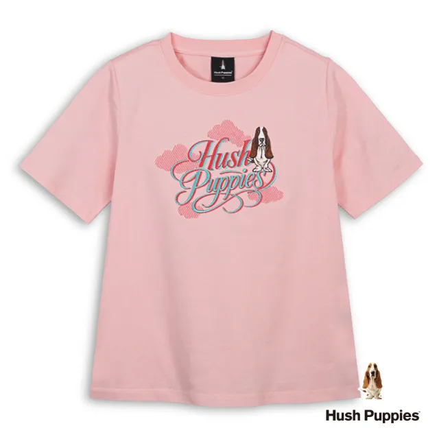 【Hush Puppies】女裝 T恤 雲朵造型配色英文刺繡狗T恤 (淺粉紅 / 64211103)